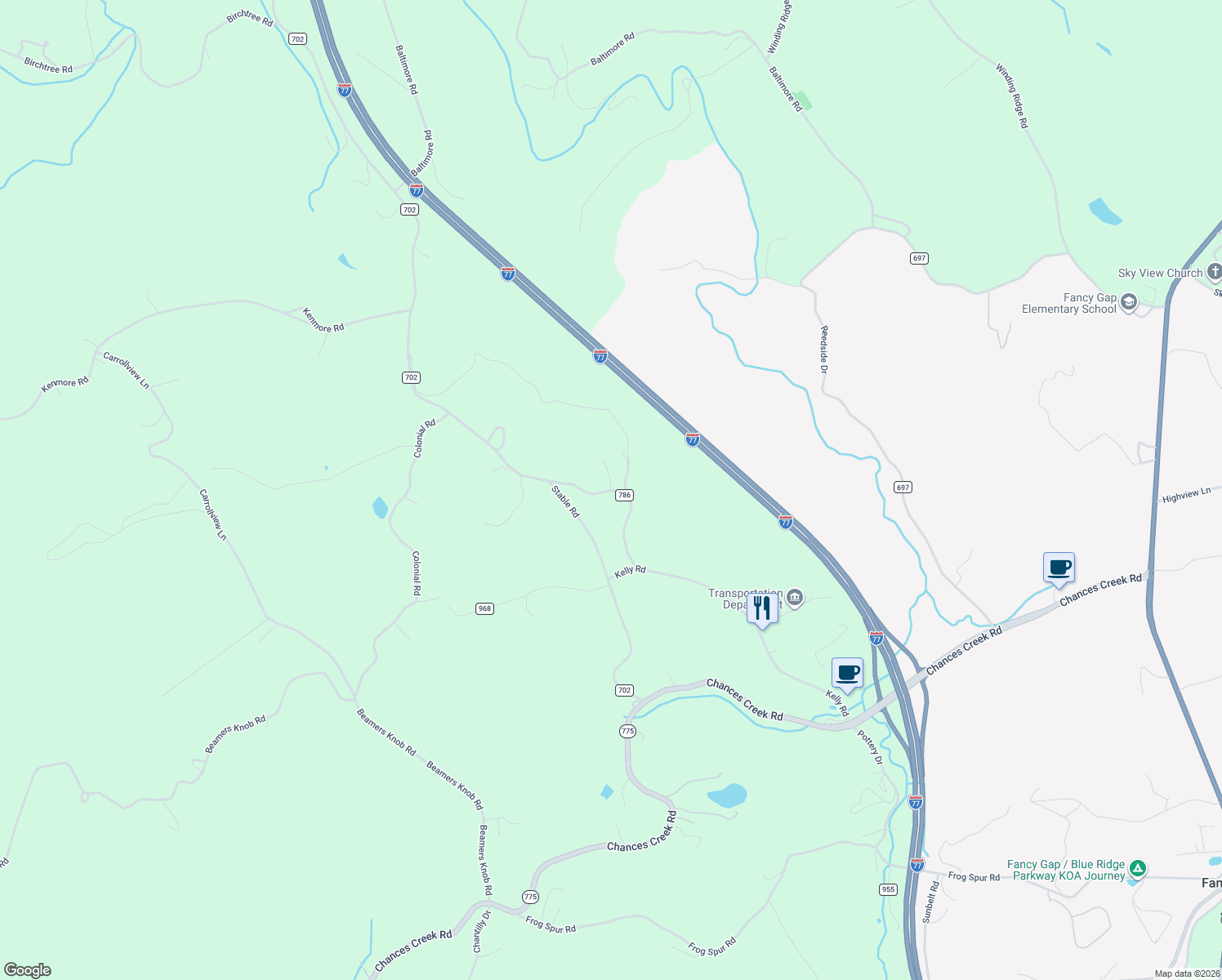 map of restaurants, bars, coffee shops, grocery stores, and more near 192 Edison Road in Fancy Gap