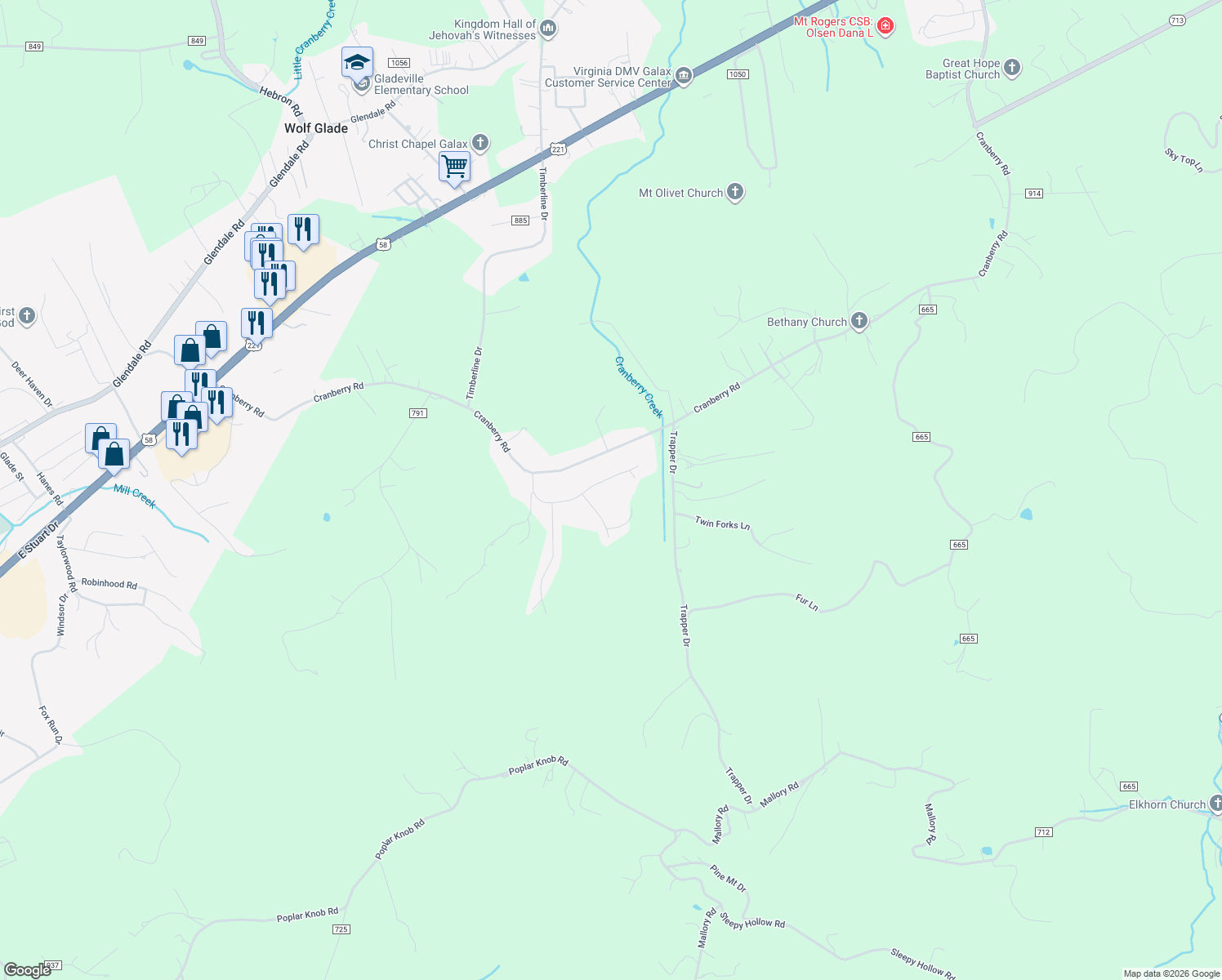 map of restaurants, bars, coffee shops, grocery stores, and more near 272-398 Quail Ridge Ct in Galax