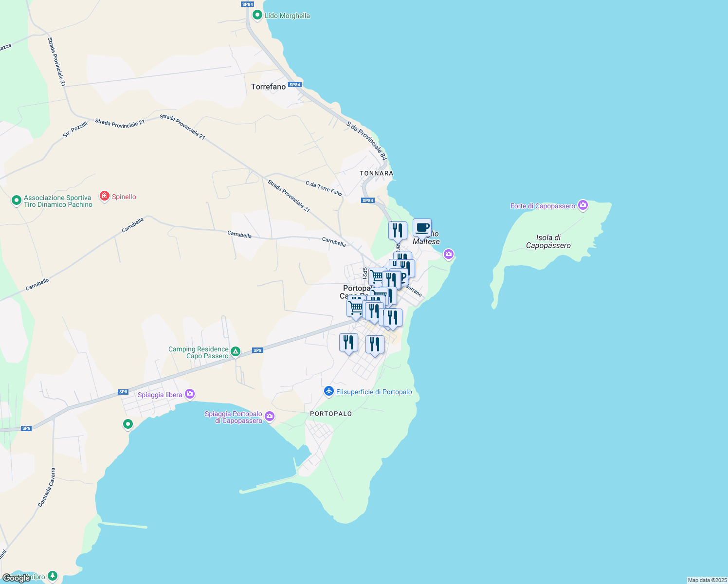 map of restaurants, bars, coffee shops, grocery stores, and more near in Portopalo di Capo Passero