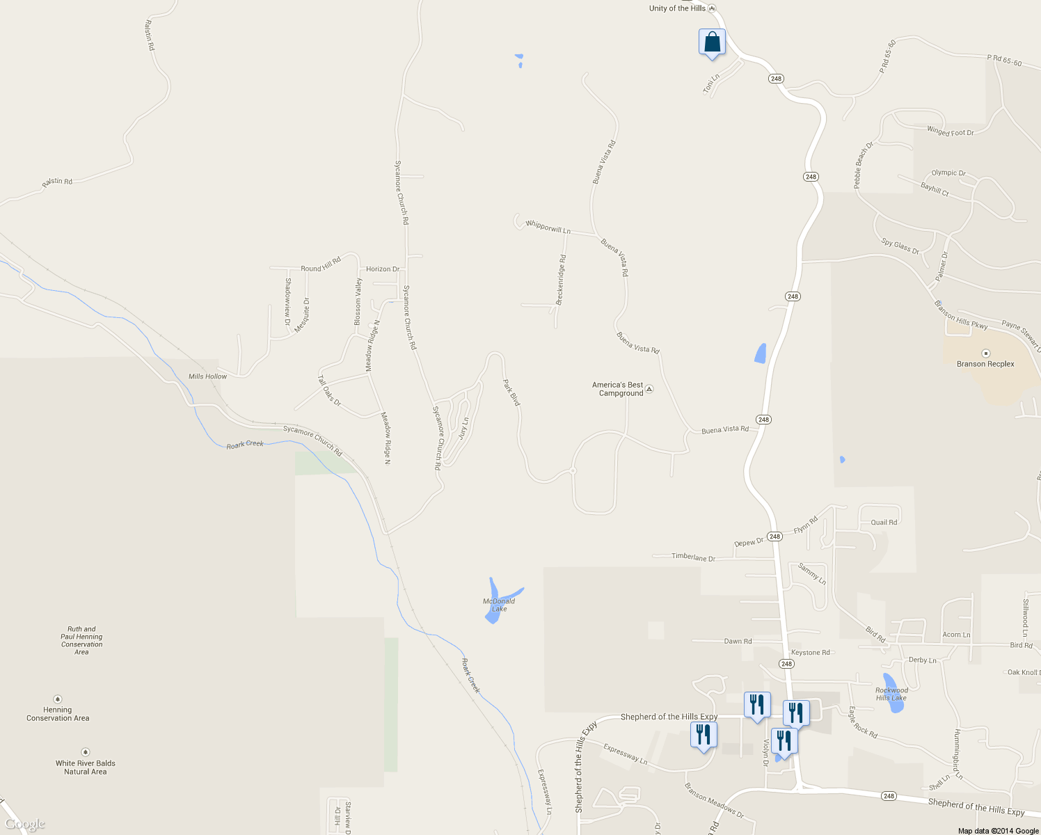 map of restaurants, bars, coffee shops, grocery stores, and more near Park Boulevard in Branson