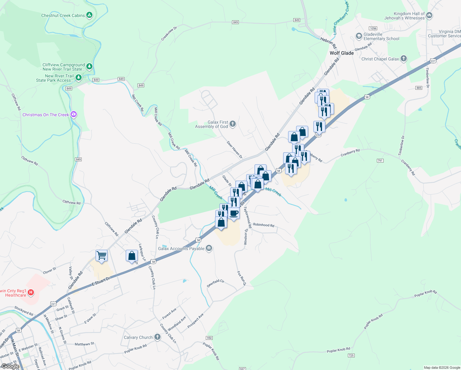 map of restaurants, bars, coffee shops, grocery stores, and more near 120 Glade Street in Galax