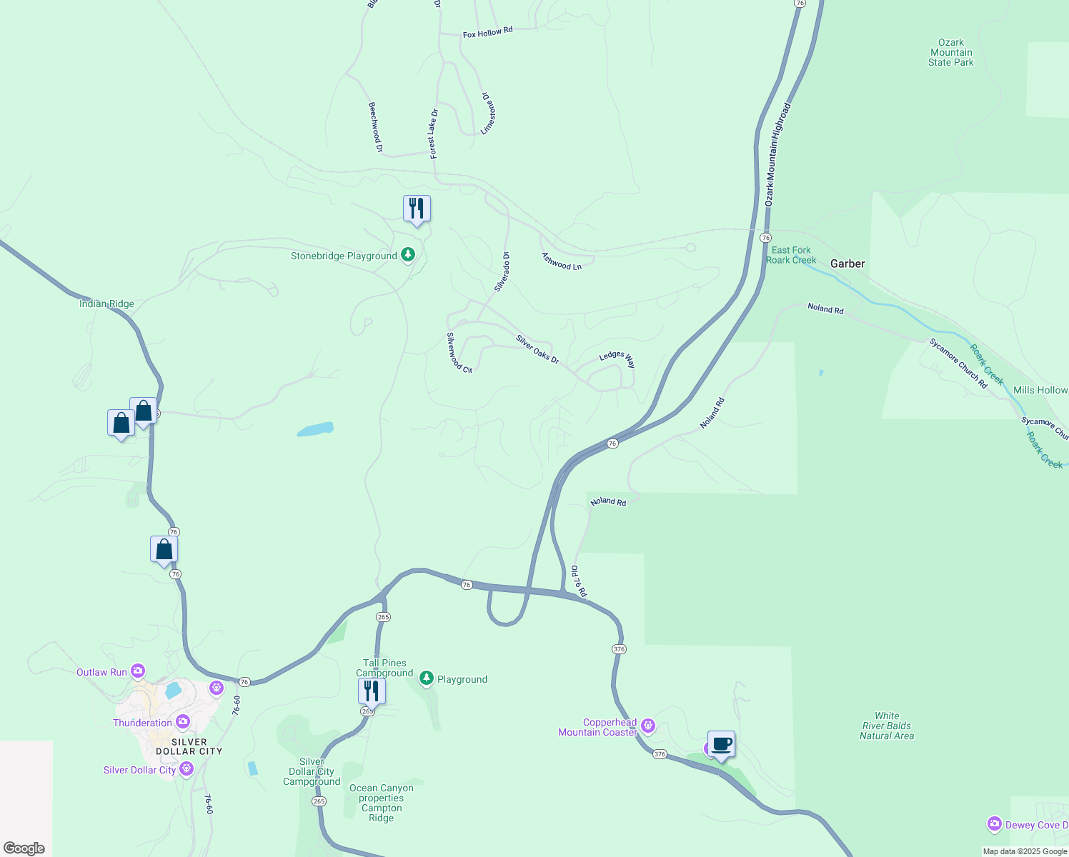 map of restaurants, bars, coffee shops, grocery stores, and more near 1211 Golf Drive in Branson West