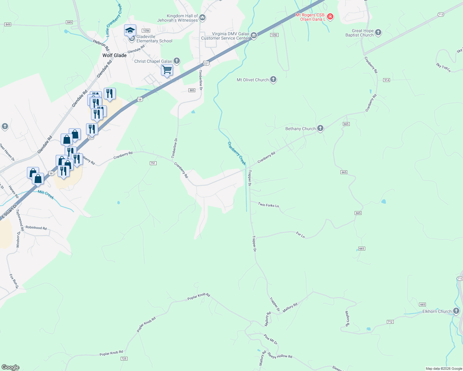 map of restaurants, bars, coffee shops, grocery stores, and more near 398 Quail Ridge Court in Galax