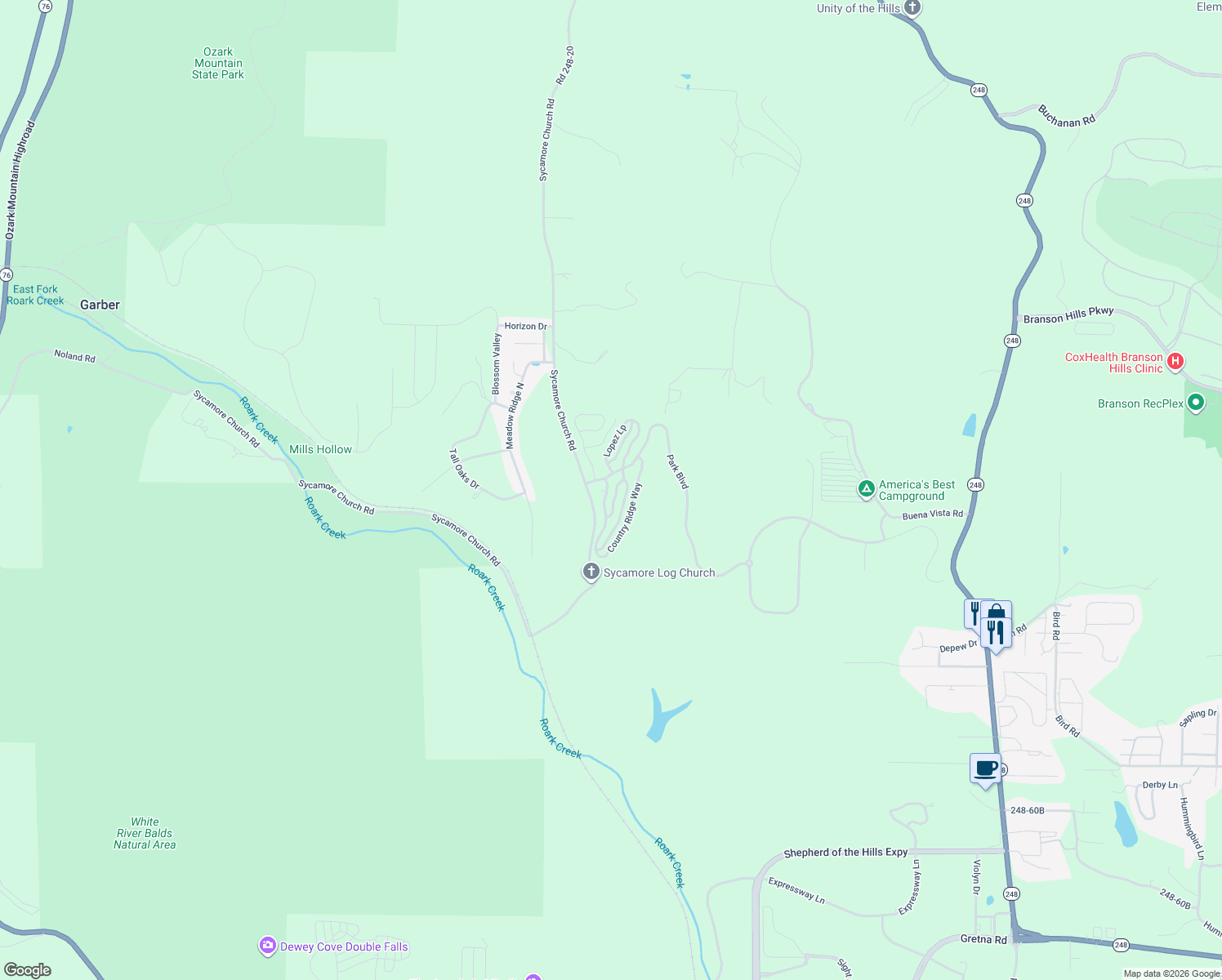 map of restaurants, bars, coffee shops, grocery stores, and more near Park Boulevard in Branson