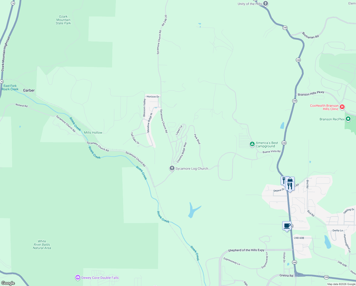 map of restaurants, bars, coffee shops, grocery stores, and more near 188 Country Ridge Way in Branson