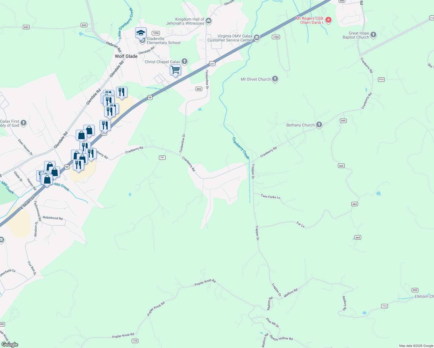 map of restaurants, bars, coffee shops, grocery stores, and more near State Road 722 in Galax