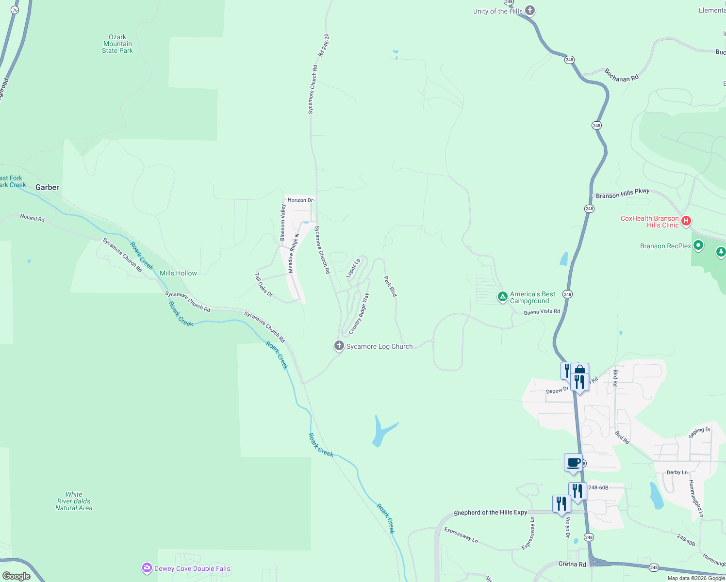 map of restaurants, bars, coffee shops, grocery stores, and more near 188 Country Ridge Way in Branson