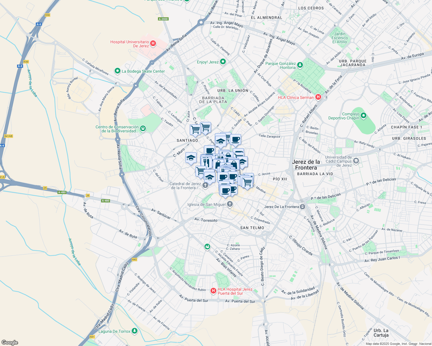 map of restaurants, bars, coffee shops, grocery stores, and more near 1 Plaza del Carmen in Jerez de la Frontera