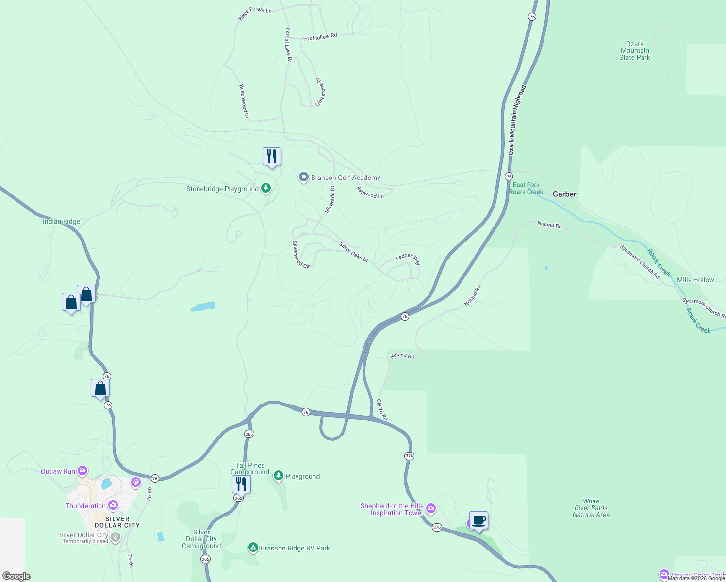 map of restaurants, bars, coffee shops, grocery stores, and more near Co-Rd 76-50 in Reeds Spring