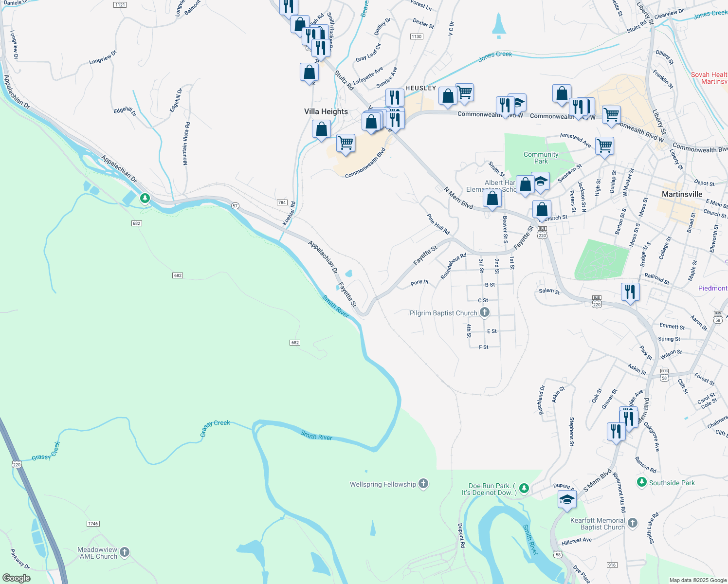 map of restaurants, bars, coffee shops, grocery stores, and more near 1446 West Fayette Street in Martinsville