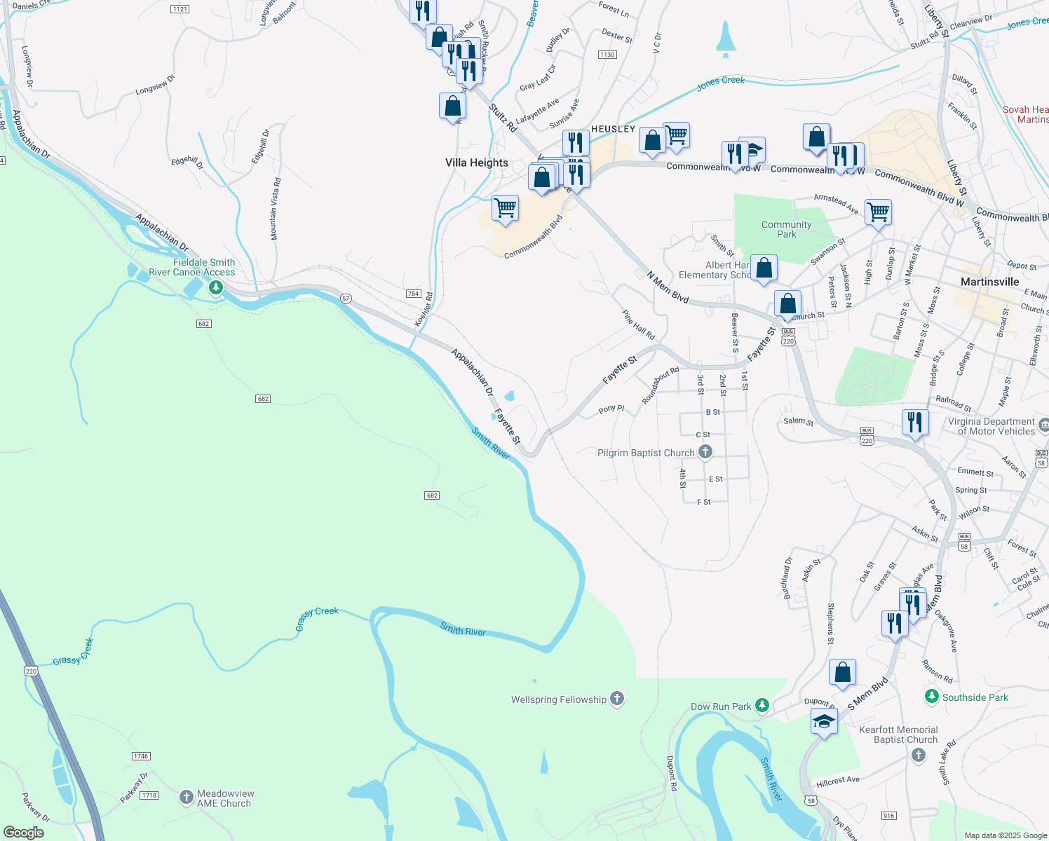 map of restaurants, bars, coffee shops, grocery stores, and more near 1446 Fayette Street in Martinsville