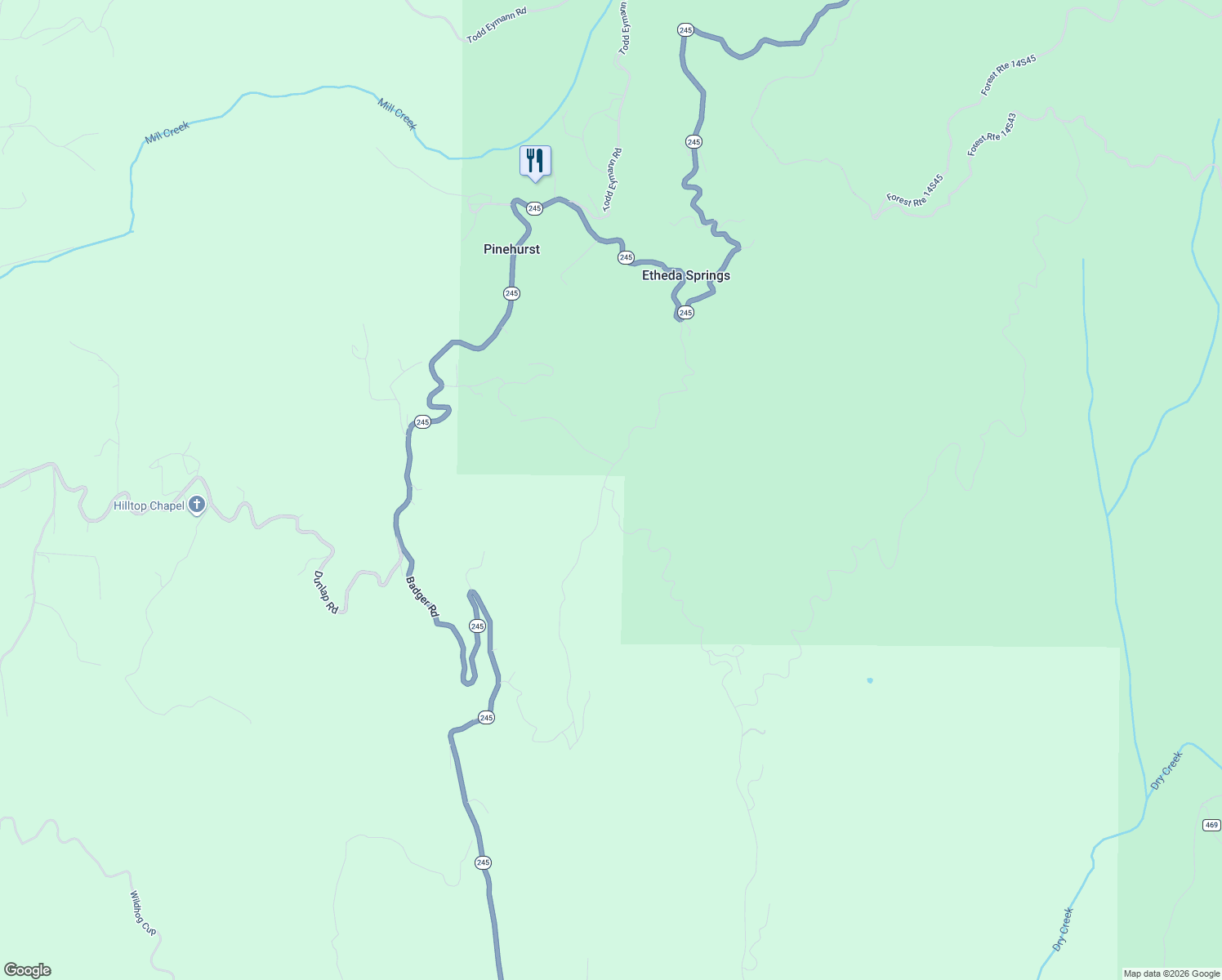 map of restaurants, bars, coffee shops, grocery stores, and more near 51911 Hogback in Miramonte