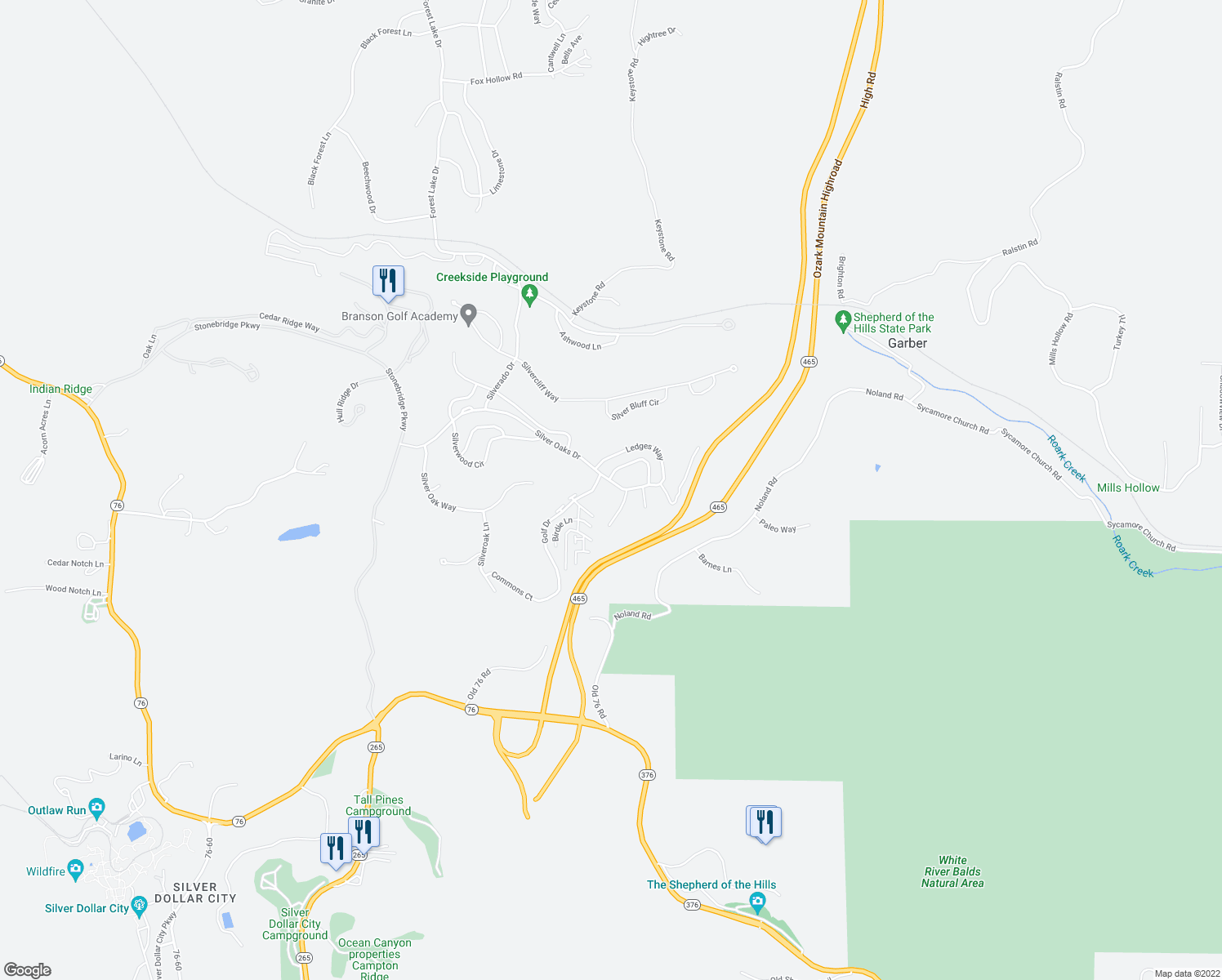 map of restaurants, bars, coffee shops, grocery stores, and more near 1332 Silver Oaks Dr in Branson West