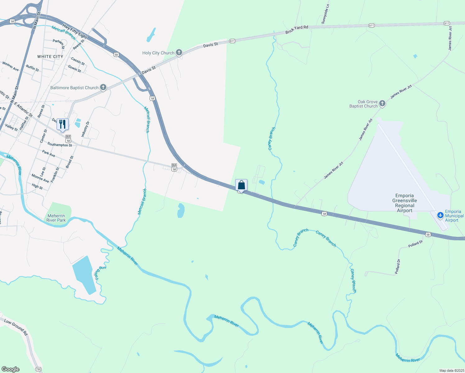 map of restaurants, bars, coffee shops, grocery stores, and more near 30 Courtland Road in Emporia