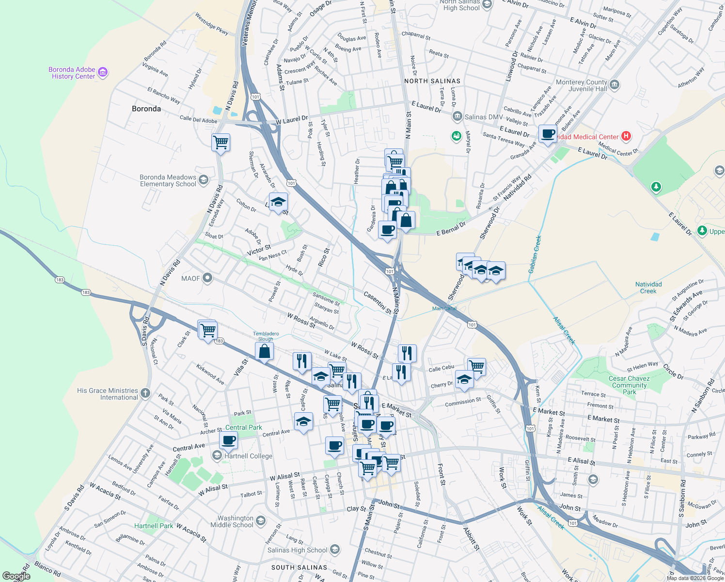 map of restaurants, bars, coffee shops, grocery stores, and more near 915 Larkin Street in Salinas