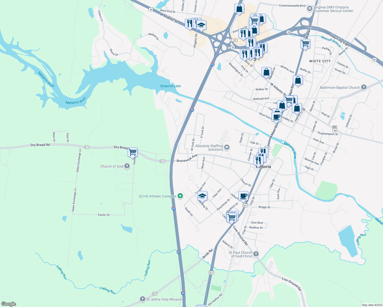 map of restaurants, bars, coffee shops, grocery stores, and more near 316 W York Dr in Emporia