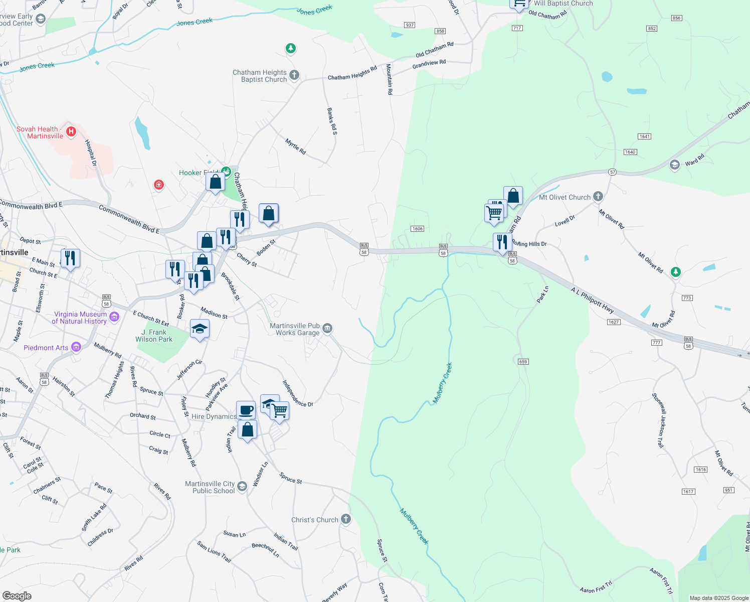 map of restaurants, bars, coffee shops, grocery stores, and more near 220 Cabell St in Martinsville
