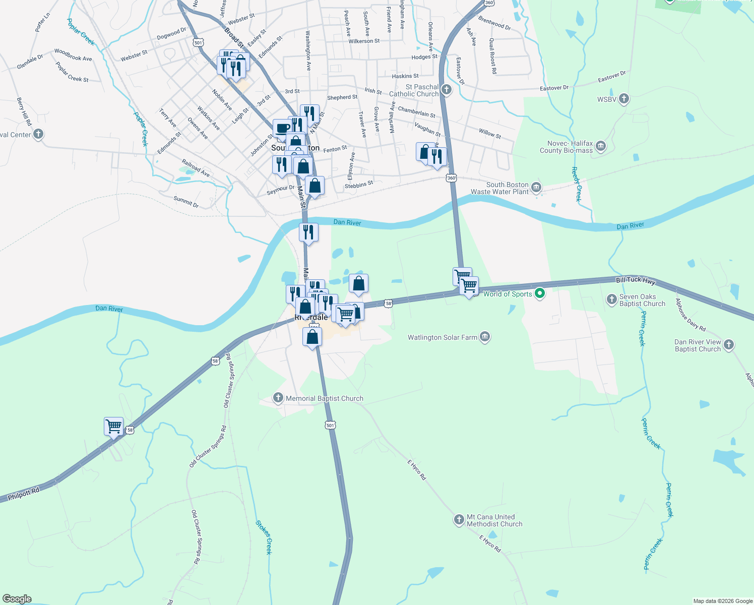 map of restaurants, bars, coffee shops, grocery stores, and more near 1079 Bill Tuck Highway in South Boston