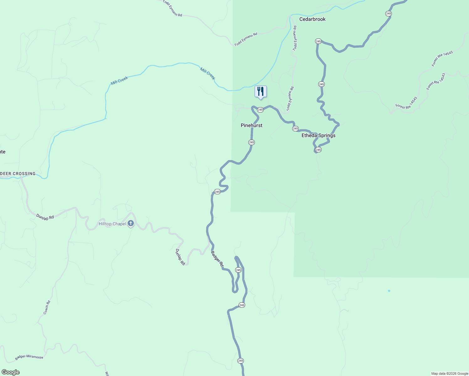 map of restaurants, bars, coffee shops, grocery stores, and more near 51911 Hogback in Miramonte