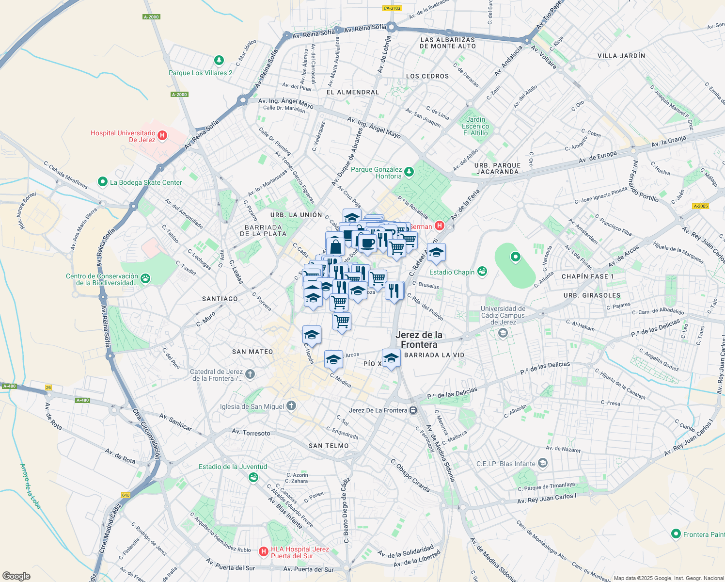 map of restaurants, bars, coffee shops, grocery stores, and more near 35 Calle Zaragoza in Jerez