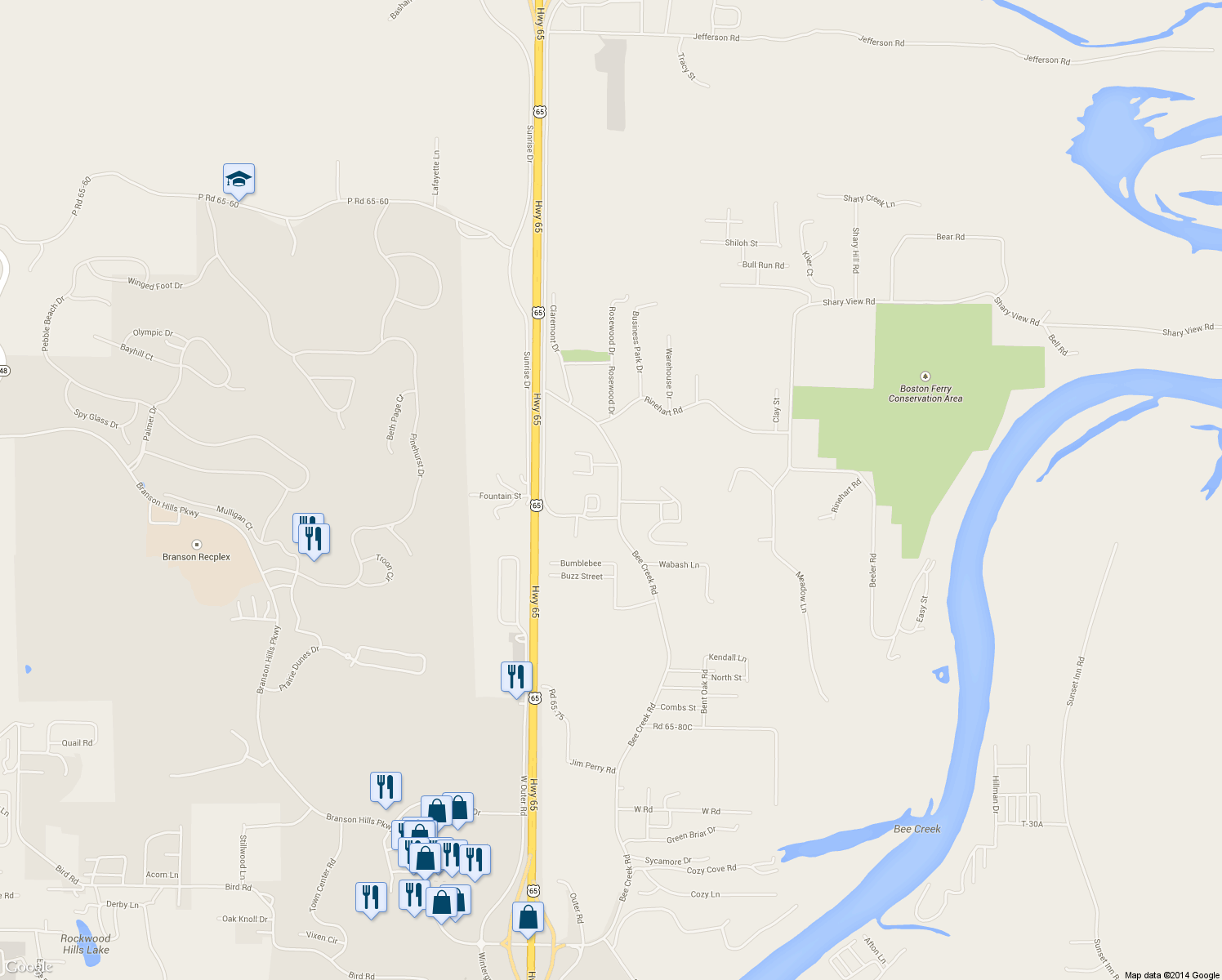 map of restaurants, bars, coffee shops, grocery stores, and more near 1781 Bee Creek Rd in Branson