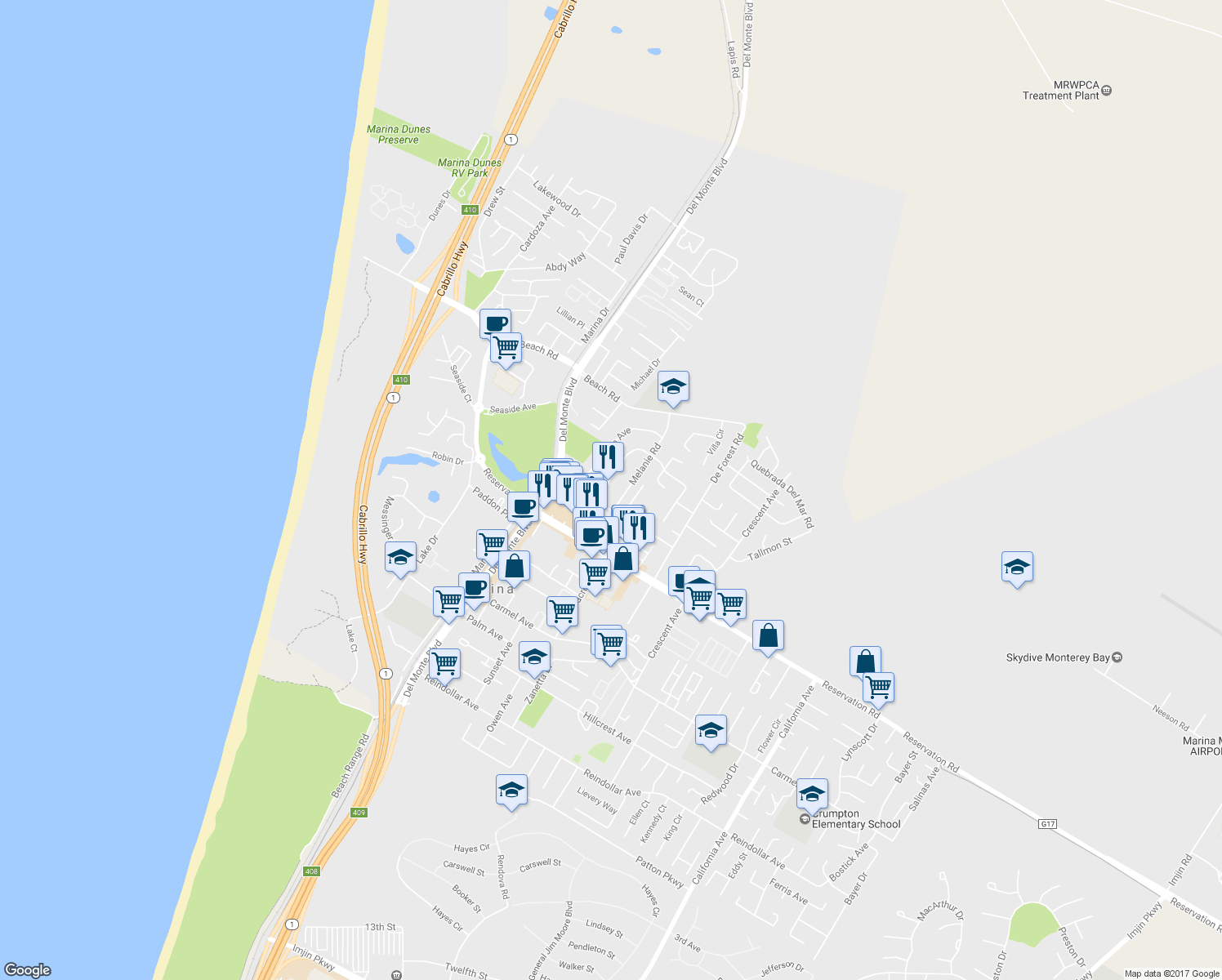 map of restaurants, bars, coffee shops, grocery stores, and more near 3188 Vista Del Camino Circle in Marina