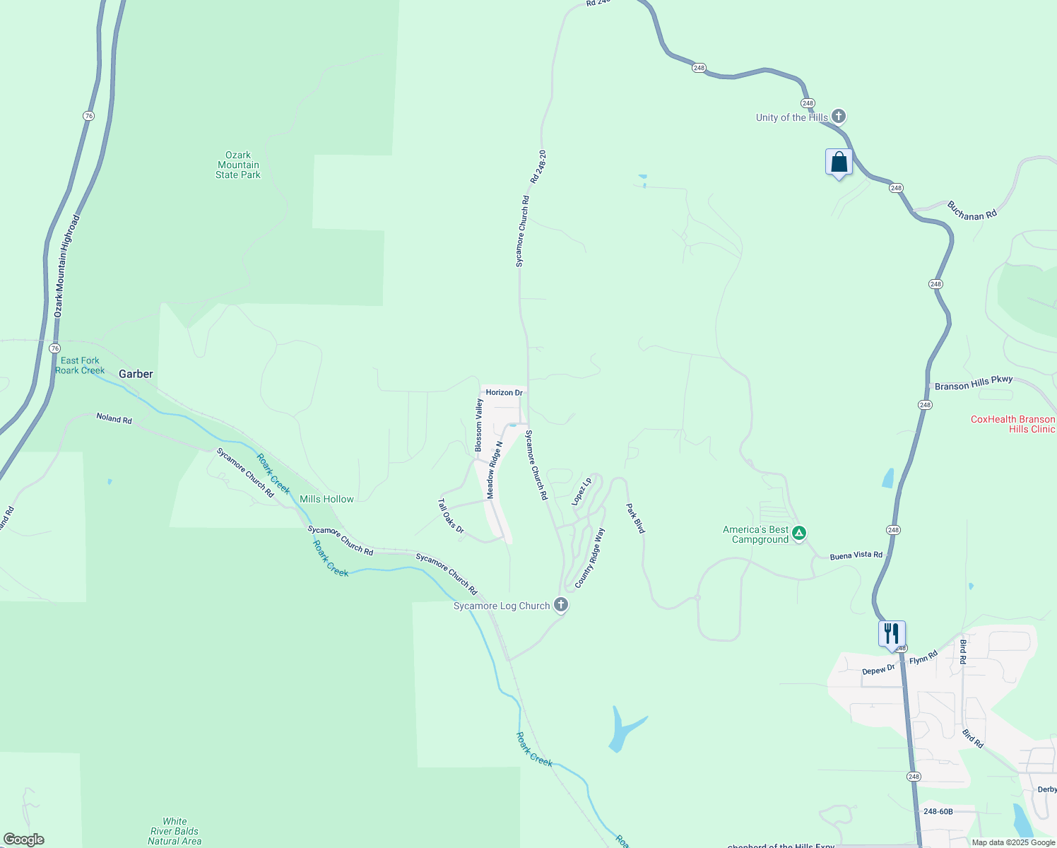 map of restaurants, bars, coffee shops, grocery stores, and more near 2881 Sycamore Church Road in Branson