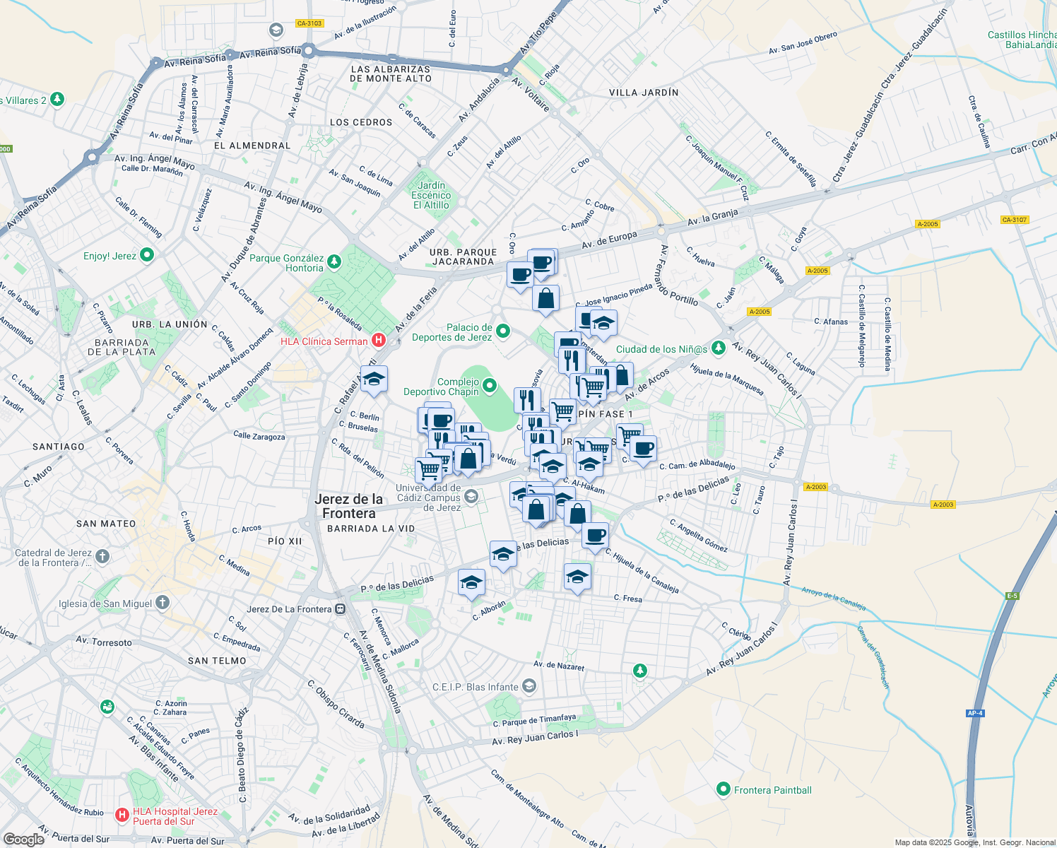 map of restaurants, bars, coffee shops, grocery stores, and more near 8 Avenida Arcos de la Frontera in Jerez de la Frontera