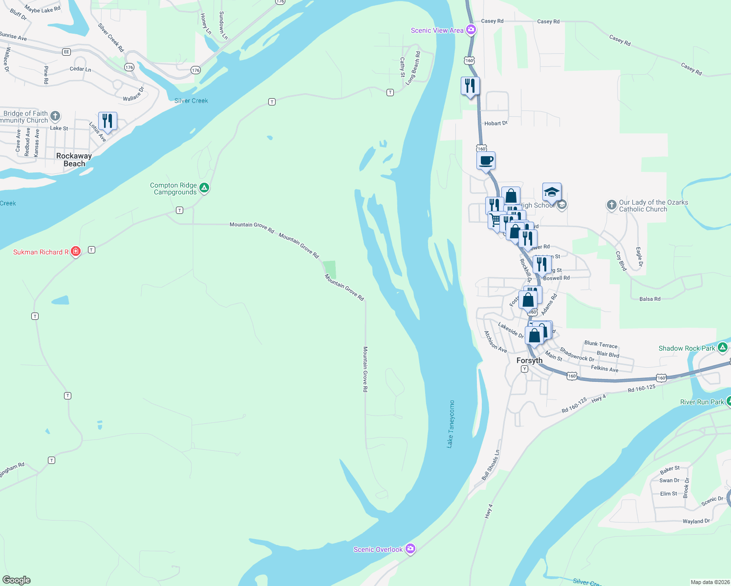 map of restaurants, bars, coffee shops, grocery stores, and more near 1385 Mountain Grove Rd in Branson