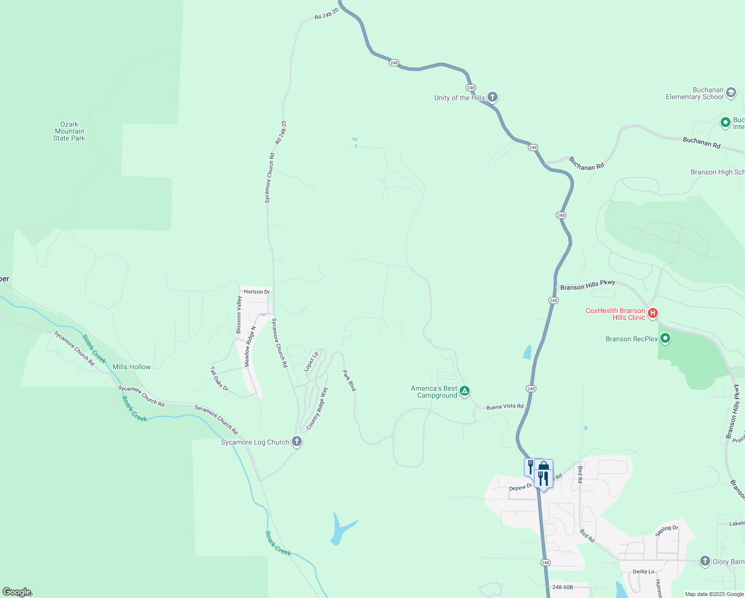 map of restaurants, bars, coffee shops, grocery stores, and more near 258 Breckenridge Road in Branson