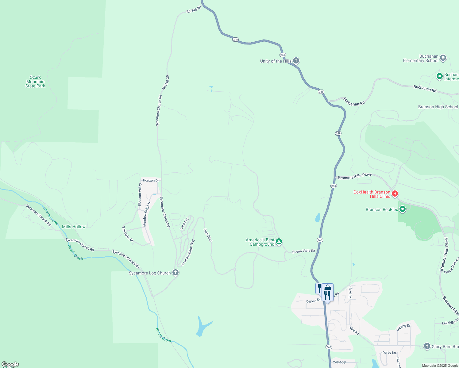 map of restaurants, bars, coffee shops, grocery stores, and more near 258 Breckenridge Road in Branson