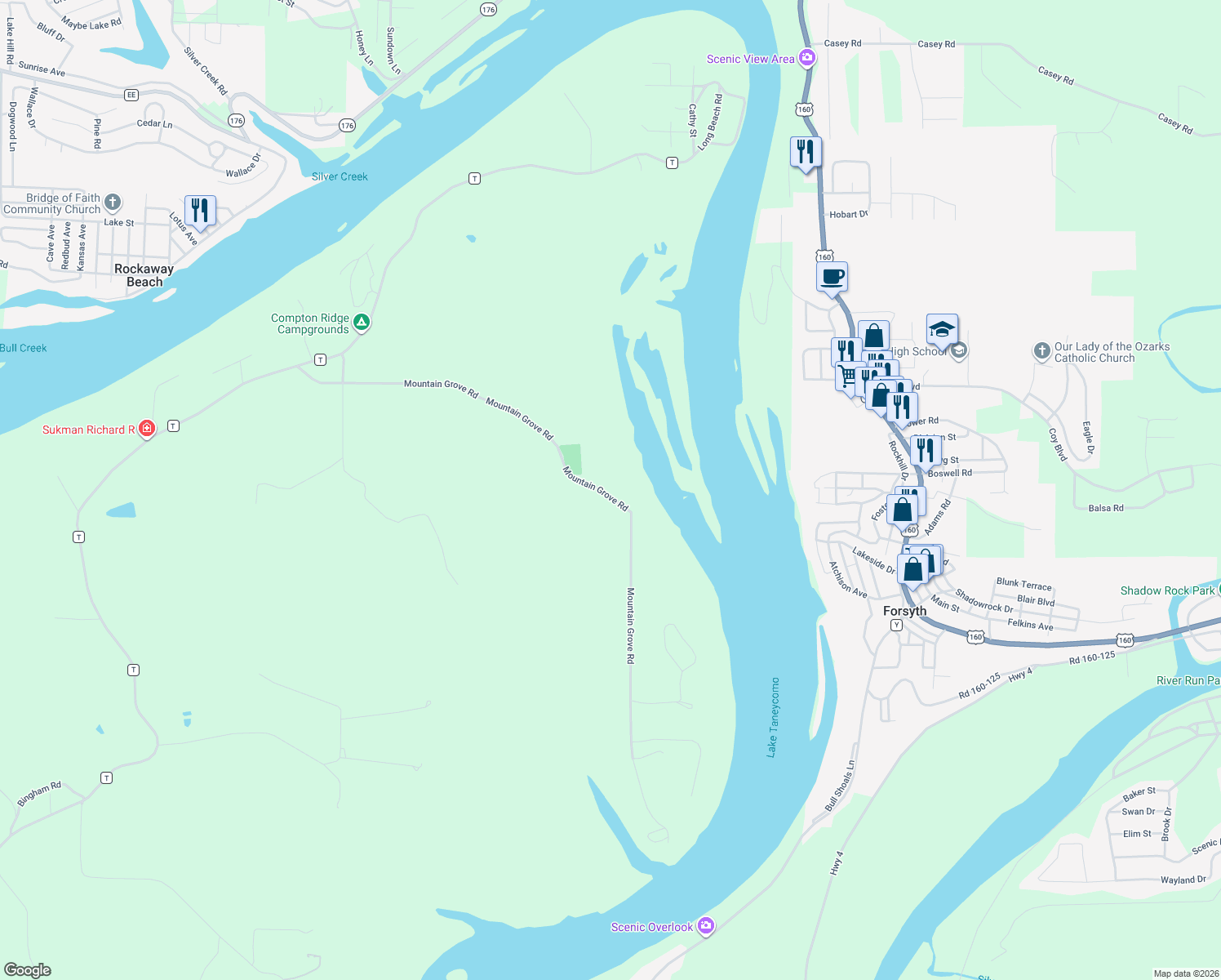 map of restaurants, bars, coffee shops, grocery stores, and more near 1385 Mountain Grove Rd in Branson