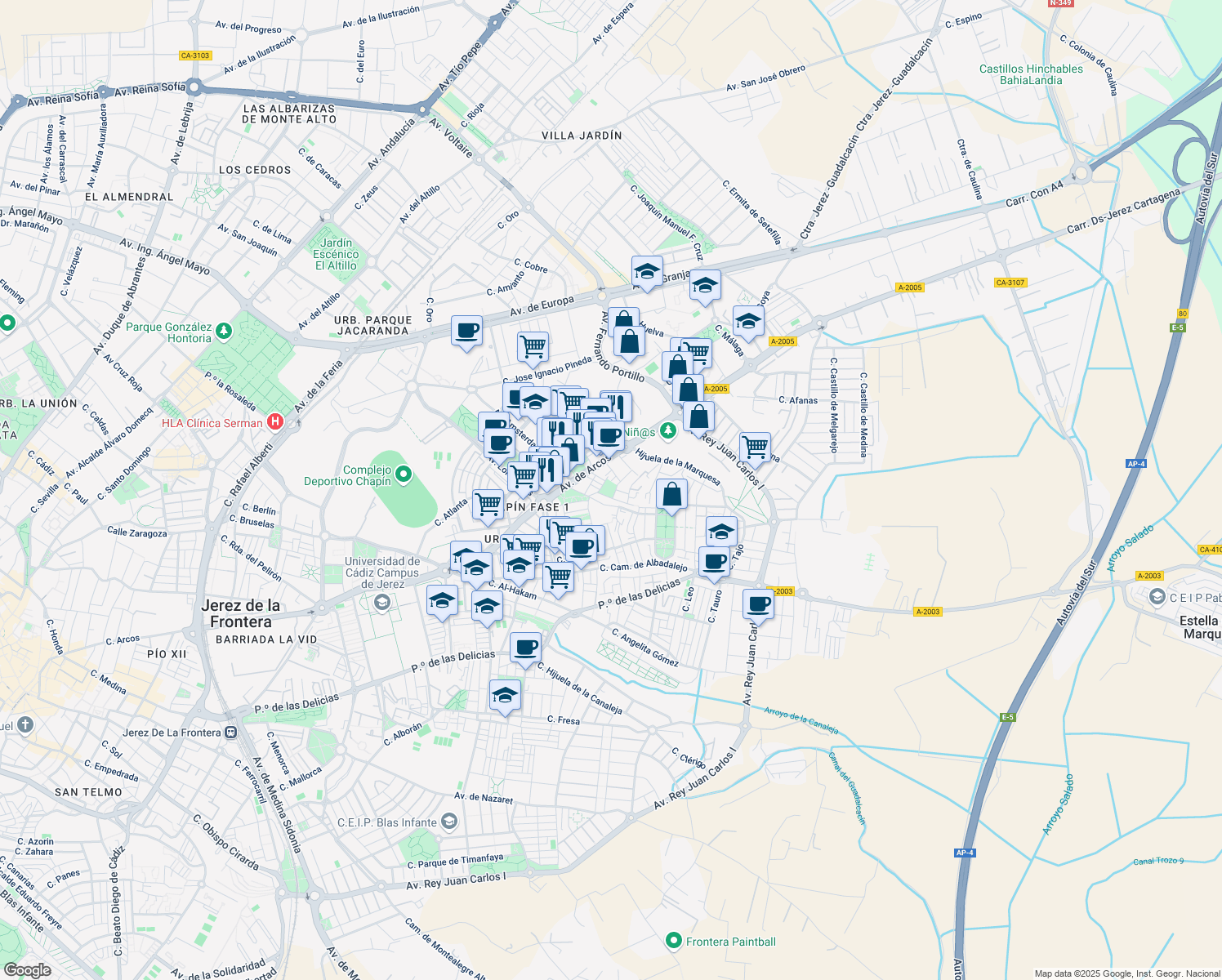 map of restaurants, bars, coffee shops, grocery stores, and more near 38 Calle Pisuerga in Jerez de la Frontera