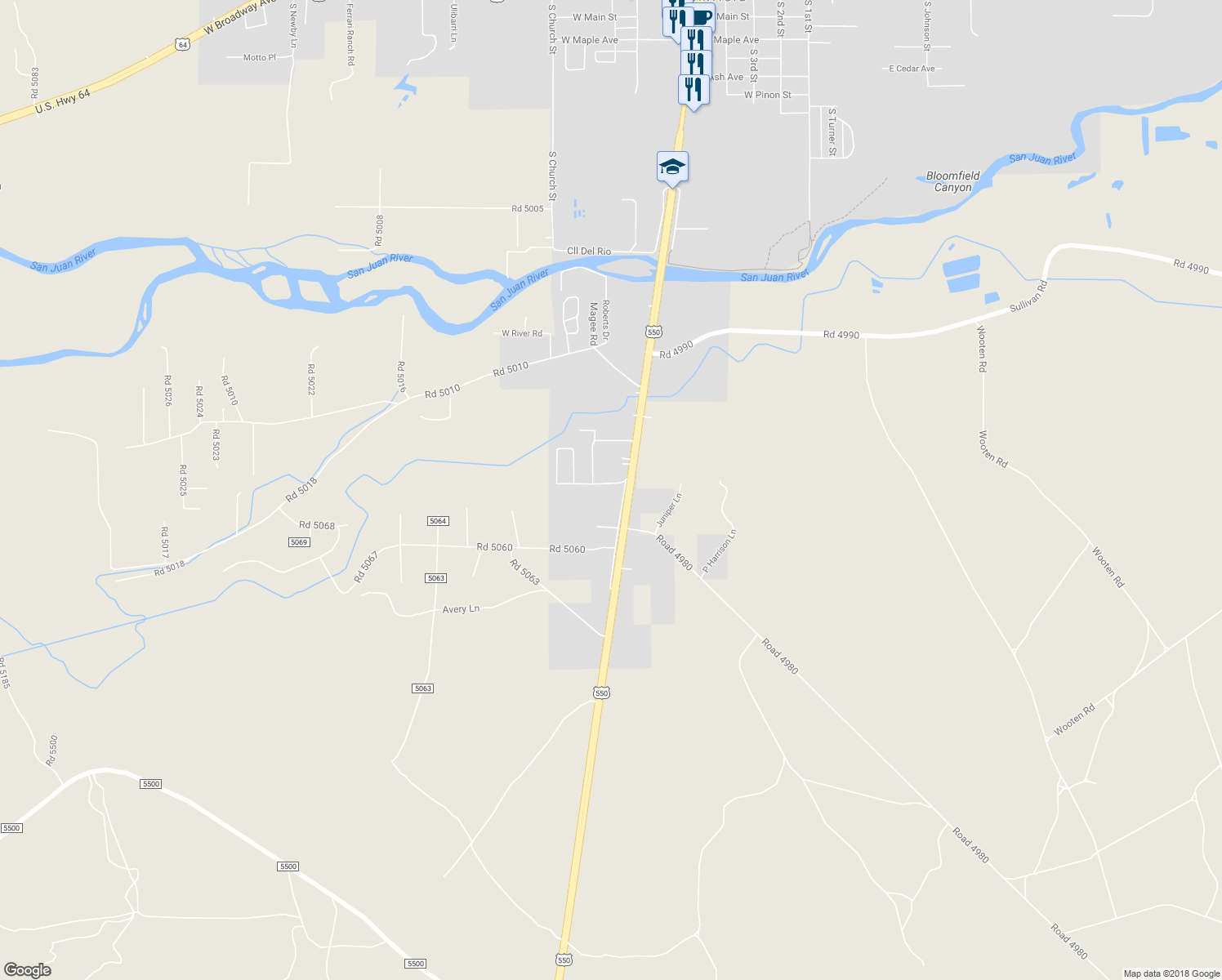 map of restaurants, bars, coffee shops, grocery stores, and more near 1715 South Bloomfield Boulevard in Bloomfield