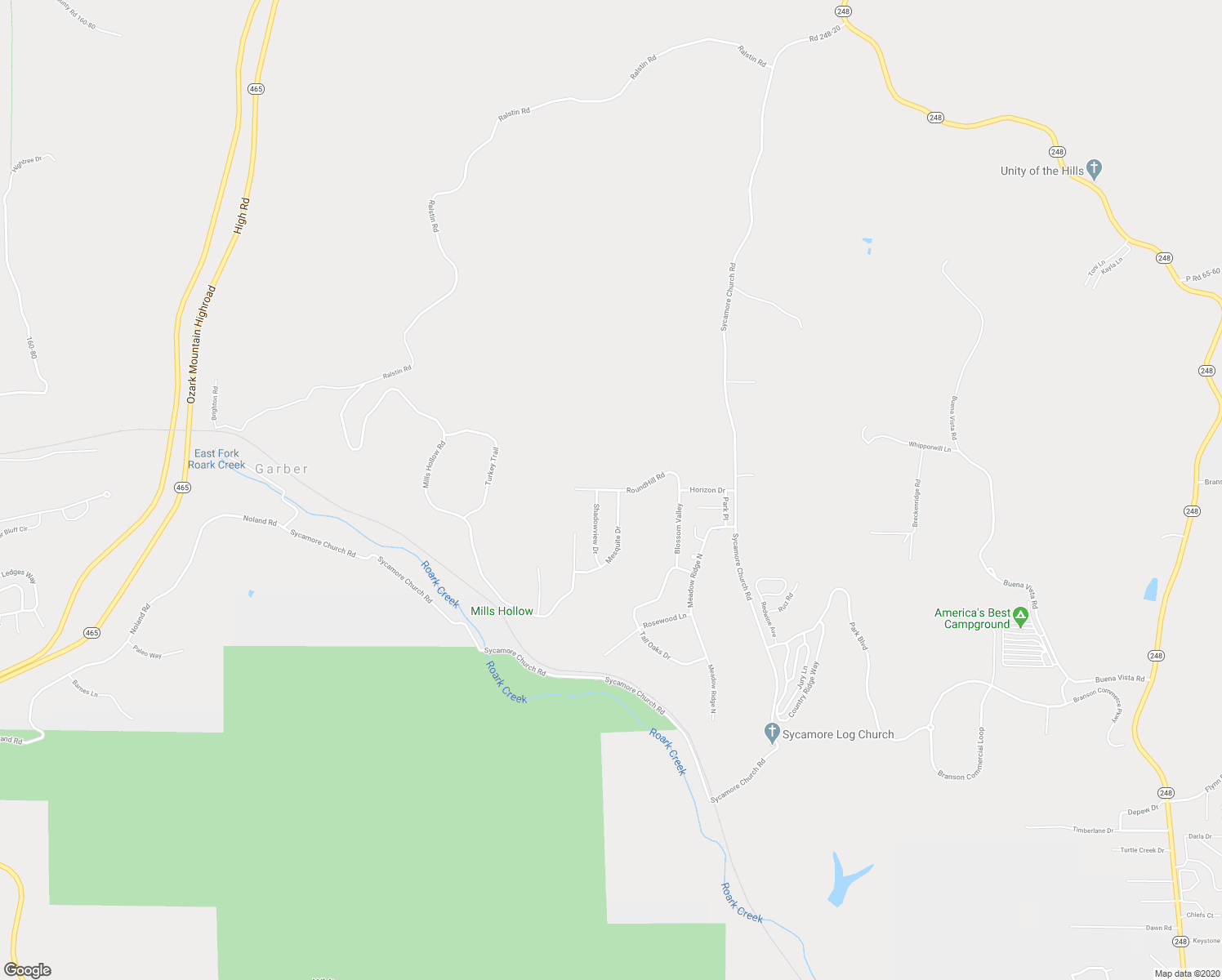 map of restaurants, bars, coffee shops, grocery stores, and more near 223 Round Hill Road in Branson