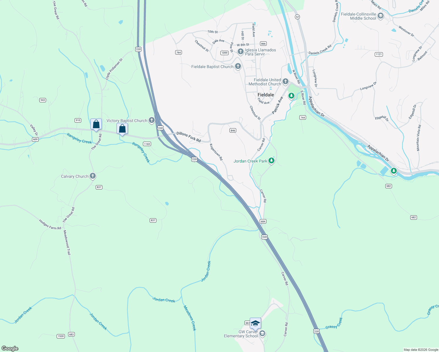 map of restaurants, bars, coffee shops, grocery stores, and more near Route 220 Highway in Fieldale