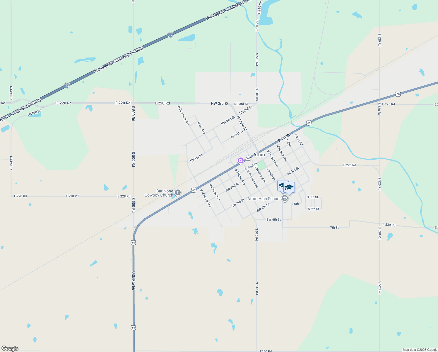 map of restaurants, bars, coffee shops, grocery stores, and more near 610 Southwest 1st Street in Afton