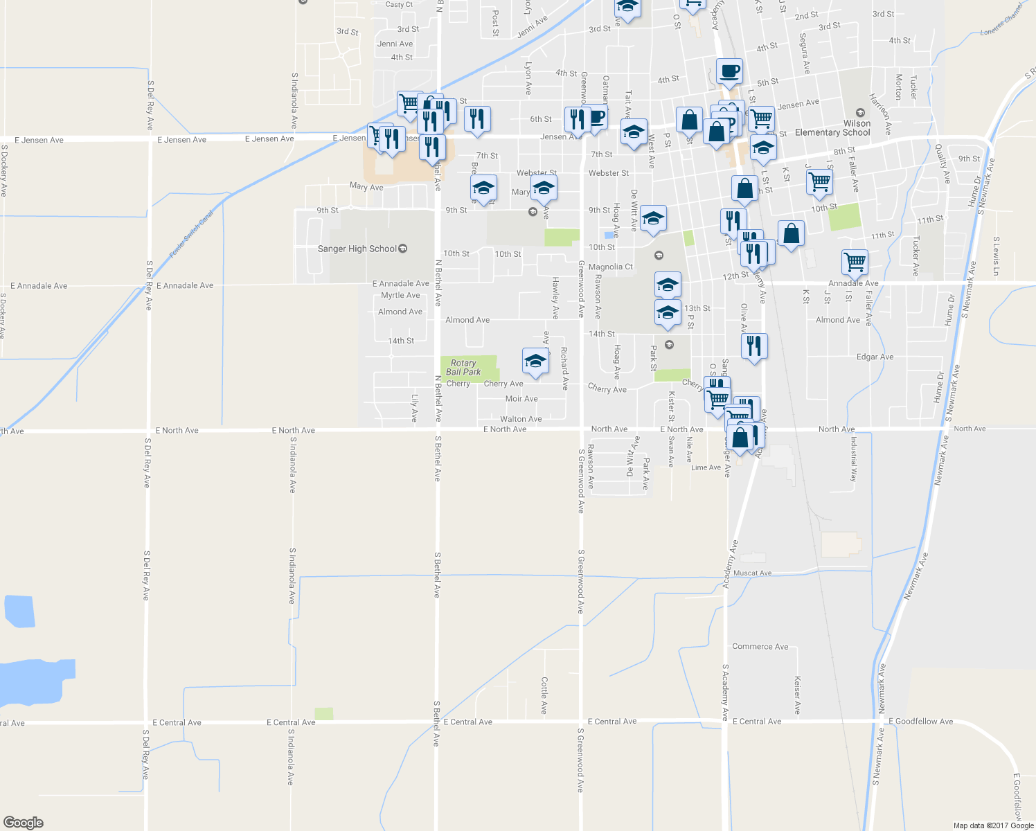 map of restaurants, bars, coffee shops, grocery stores, and more near 2234 Walton Avenue in Sanger