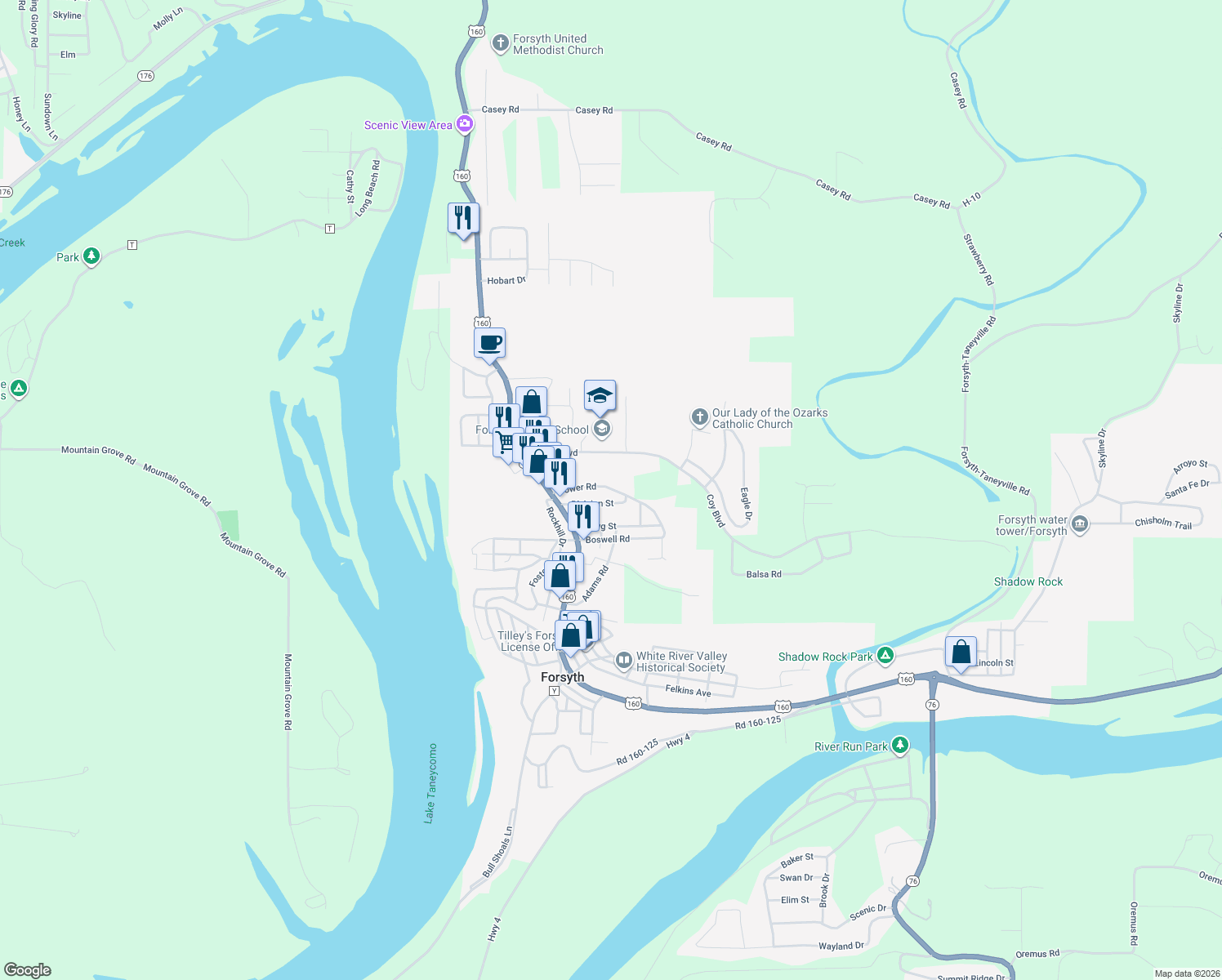 map of restaurants, bars, coffee shops, grocery stores, and more near 192 Tower Rd in Forsyth
