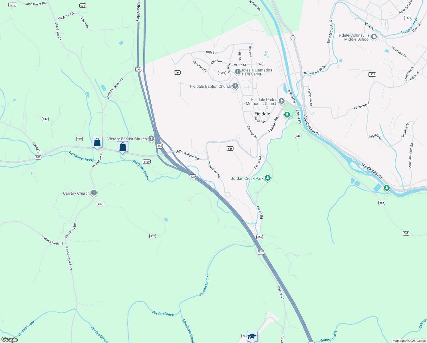 map of restaurants, bars, coffee shops, grocery stores, and more near 112 Kogertown Road in Fieldale