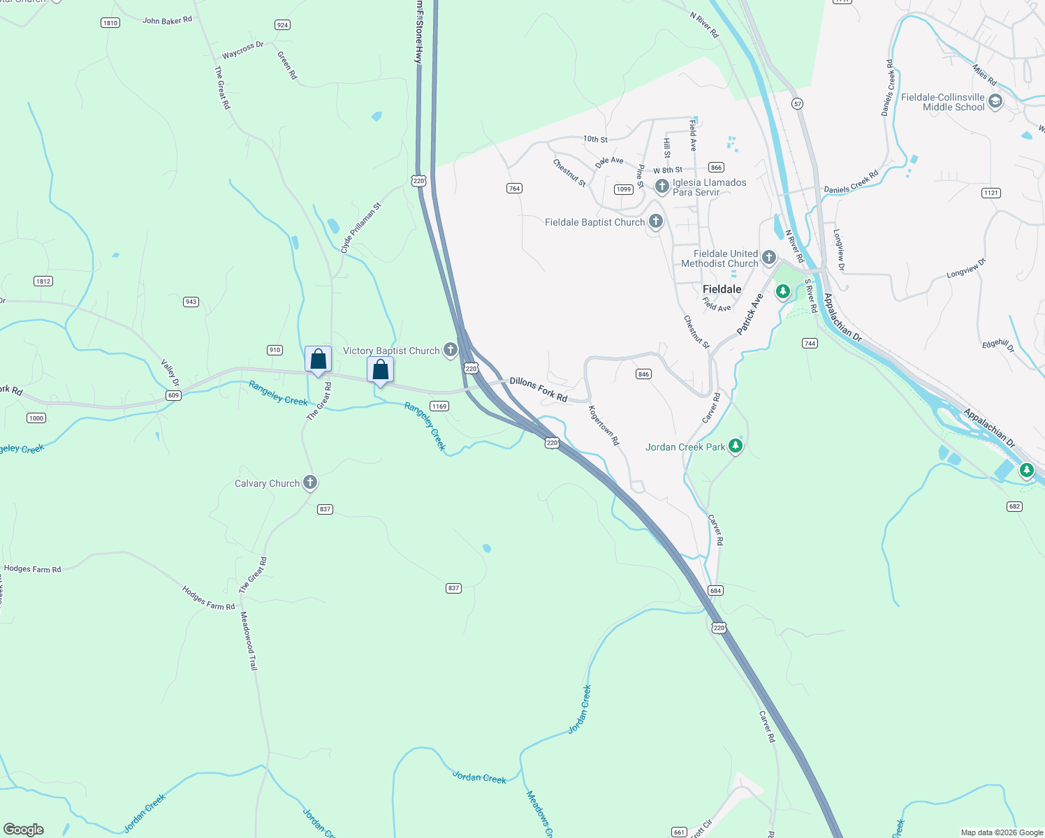 map of restaurants, bars, coffee shops, grocery stores, and more near William F Stone Highway in Fieldale