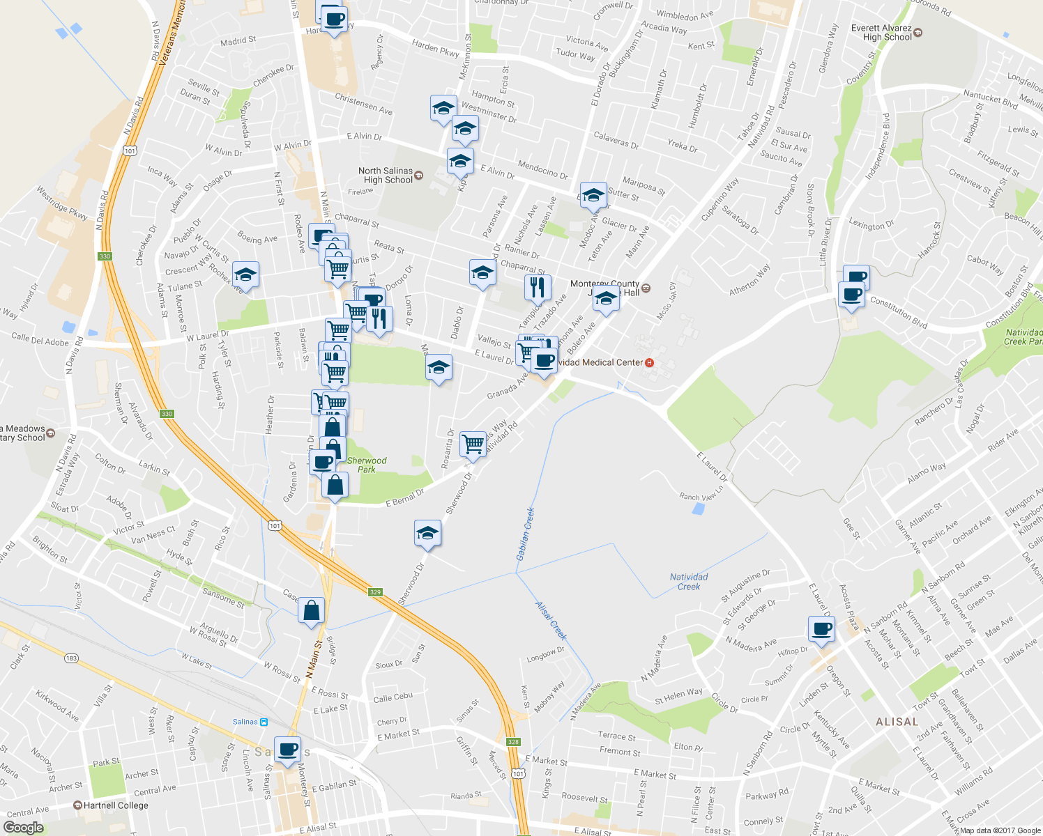 map of restaurants, bars, coffee shops, grocery stores, and more near 44 Natividad Road in Salinas