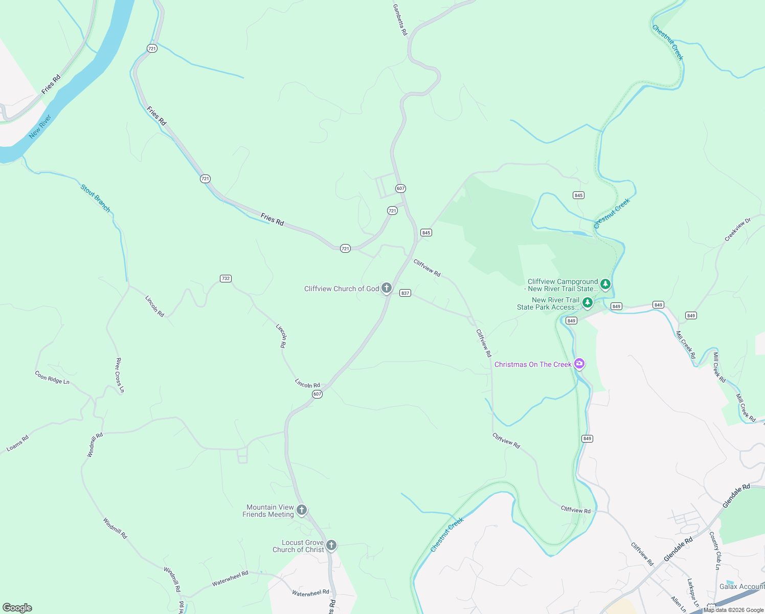 map of restaurants, bars, coffee shops, grocery stores, and more near 2847 Fries Road in Galax