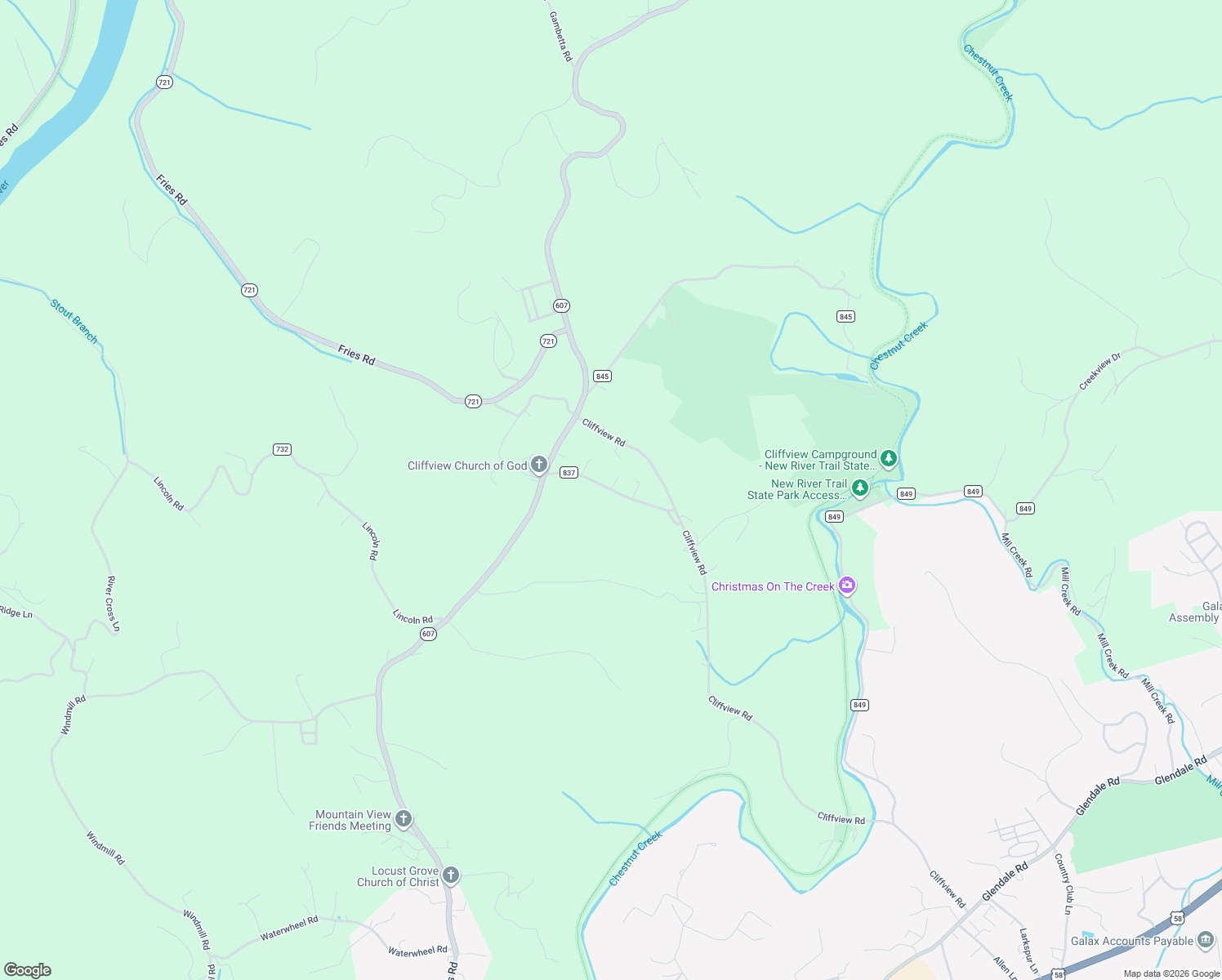 map of restaurants, bars, coffee shops, grocery stores, and more near Trading Post Road in Galax