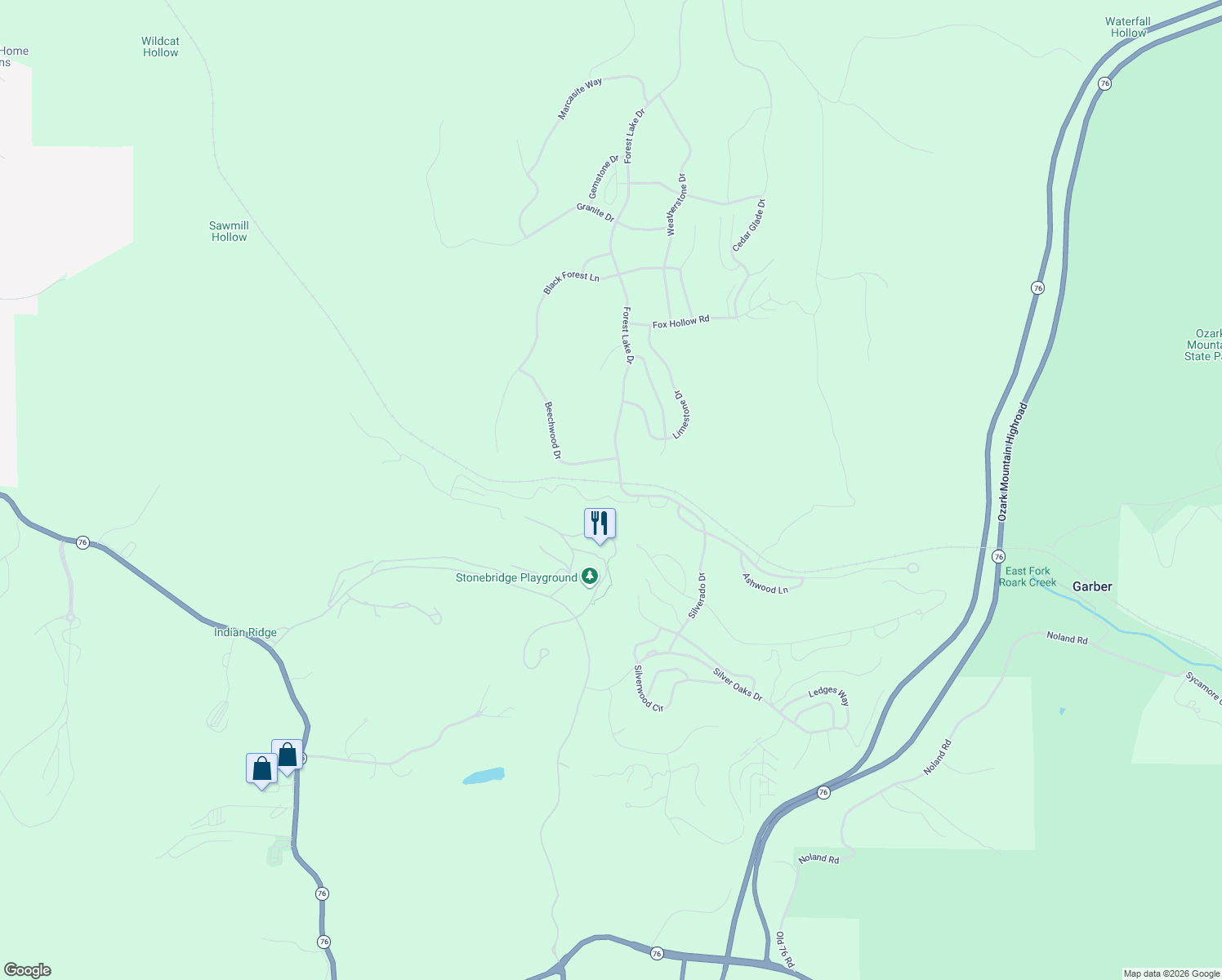 map of restaurants, bars, coffee shops, grocery stores, and more near Beechwood Drive in Reeds Spring