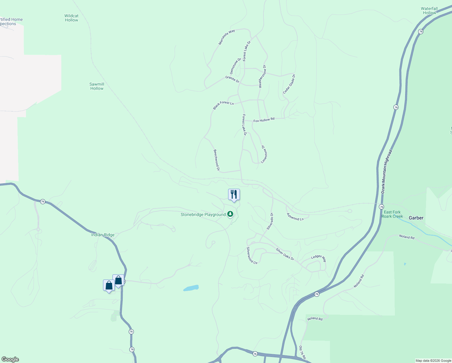 map of restaurants, bars, coffee shops, grocery stores, and more near Beechwood Drive in Reeds Spring