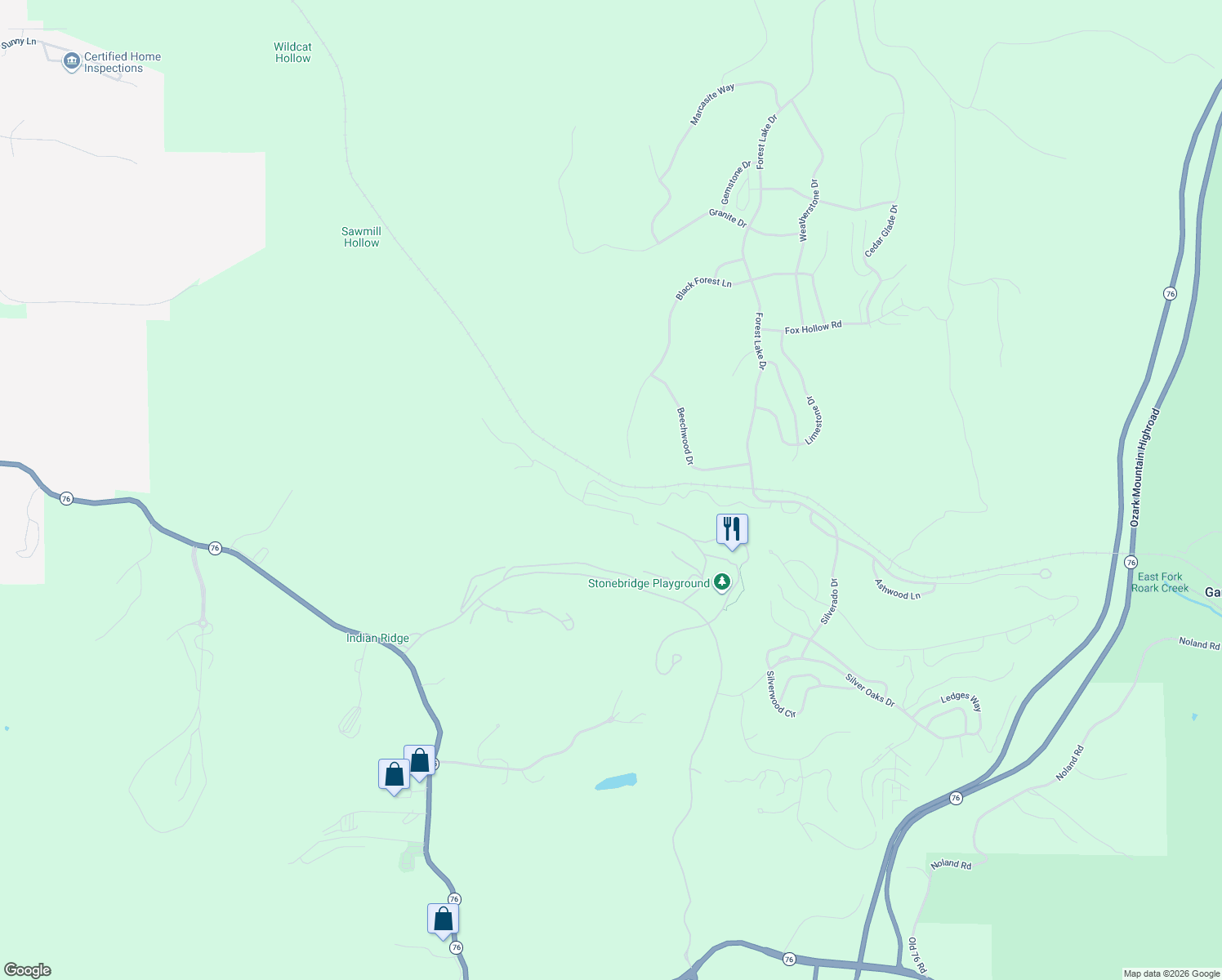 map of restaurants, bars, coffee shops, grocery stores, and more near 1-99 Baldknobber Drive in Reeds Spring