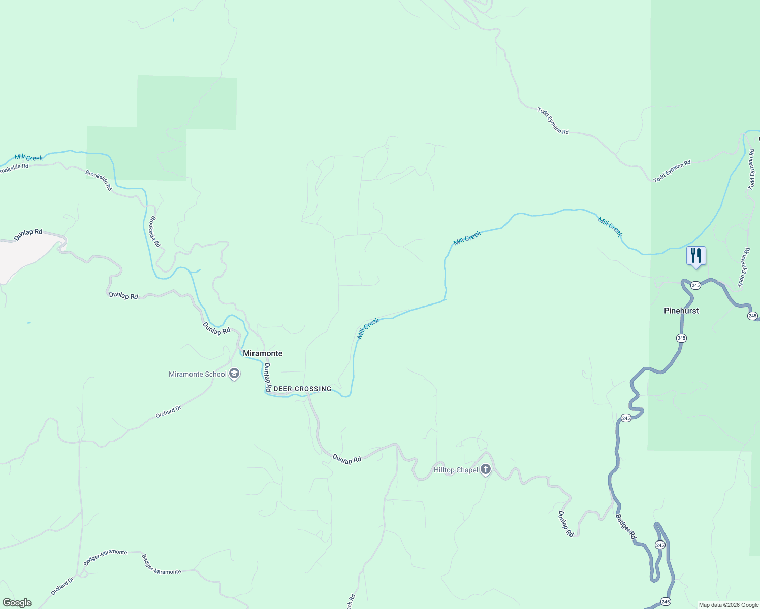 map of restaurants, bars, coffee shops, grocery stores, and more near 46956 Lower Lane in Miramonte