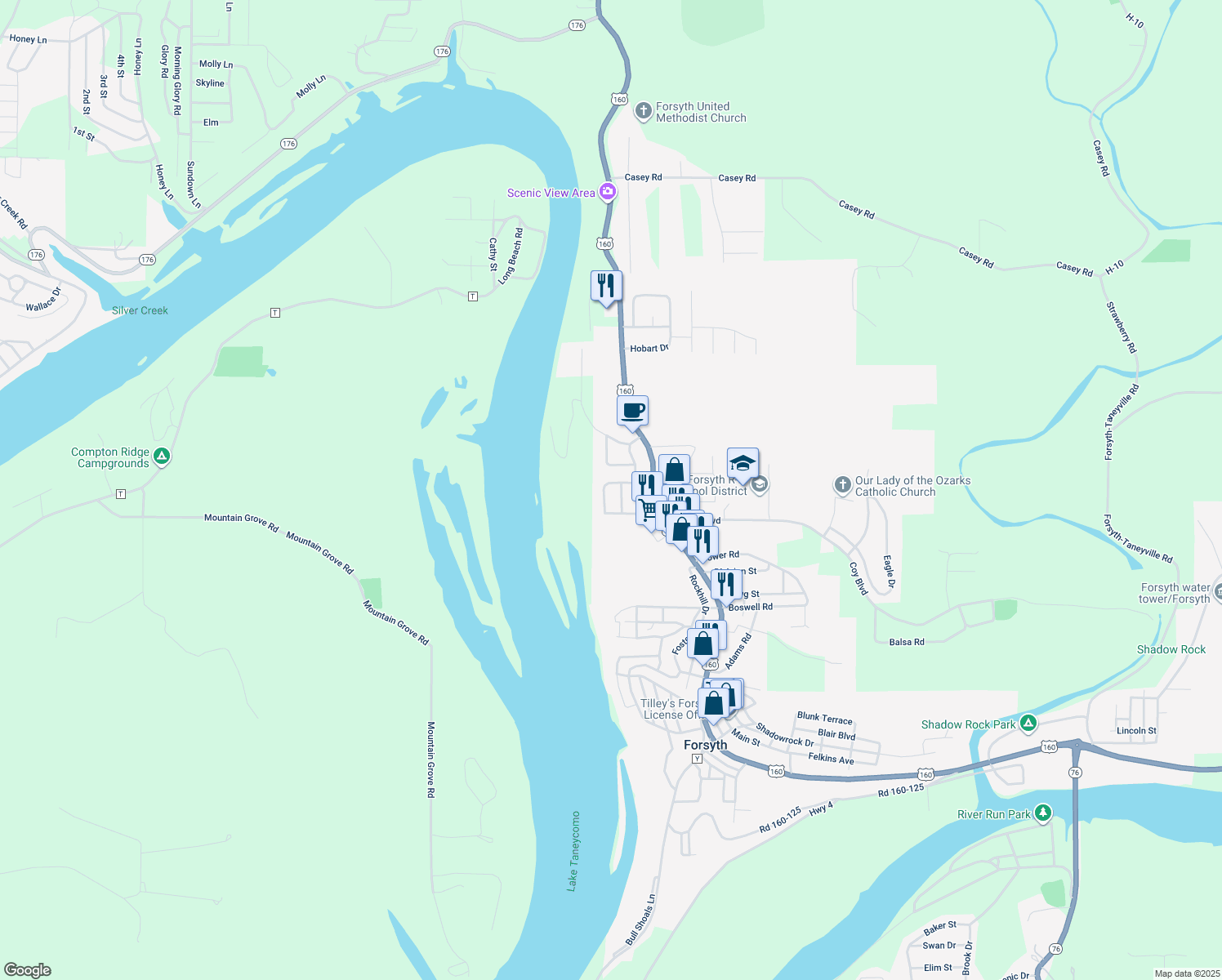 map of restaurants, bars, coffee shops, grocery stores, and more near 241 Brentwood Street in Forsyth