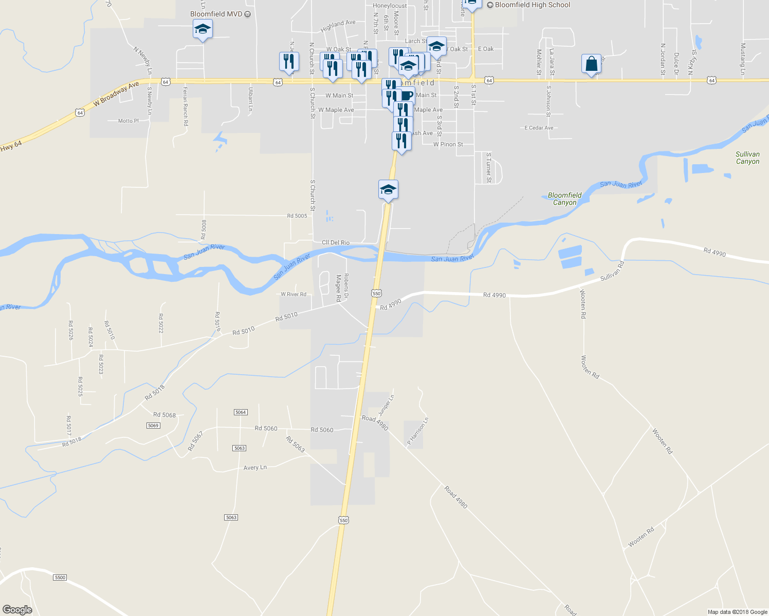 map of restaurants, bars, coffee shops, grocery stores, and more near 10 Road 4990 in Bloomfield